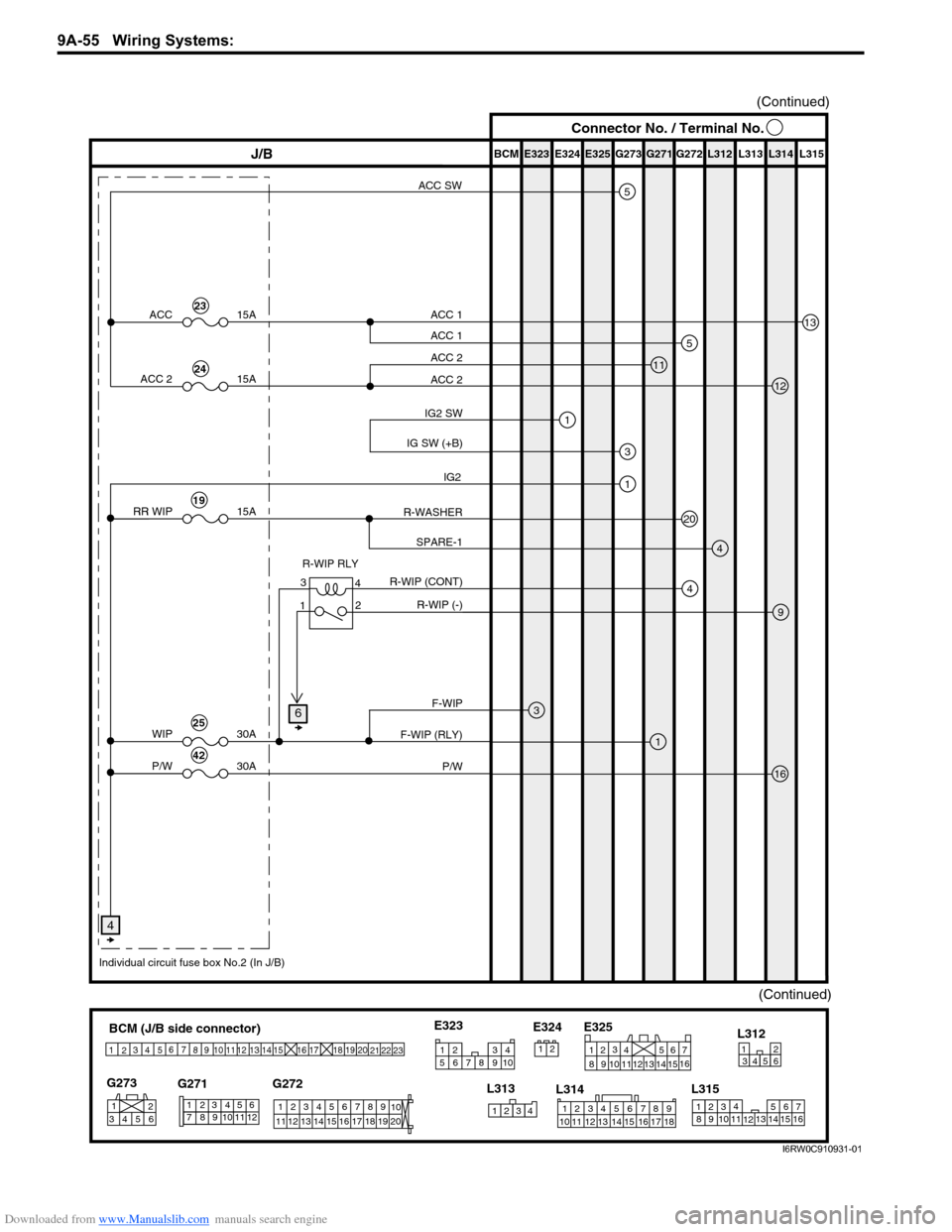 SUZUKI SX4 2006 1.G Service Workshop Manual Downloaded from www.Manualslib.com manuals search engine 9A-55 Wiring Systems: 
(Continued)
BCM (J/B side connector)
3
4
1
25
15 14 12
13 10
11 9 8 67
17
16182122 19
20
23
1234578 116
12 91034 652 1
G