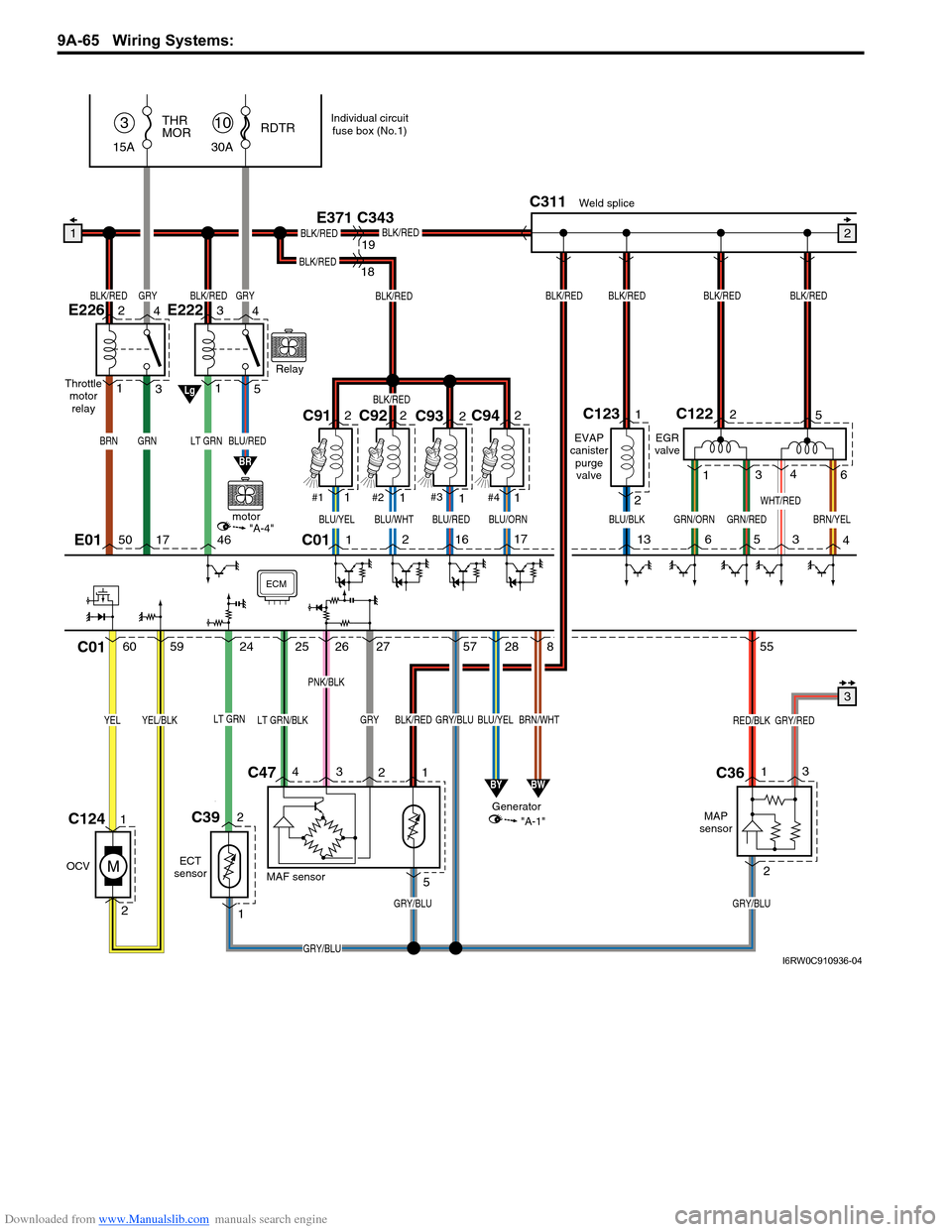 SUZUKI SX4 2006 1.G Service Workshop Manual Downloaded from www.Manualslib.com manuals search engine 9A-65 Wiring Systems: 
2C39
LT GRN
1
C47C01
C01
GRN/ORNGRN/REDBRN/YEL
WHT/RED
C122
3
BLK/REDBLK/REDBLK/REDBLK/RED
55
RED/BLKGRY/RED
GRY/BLU
Wel