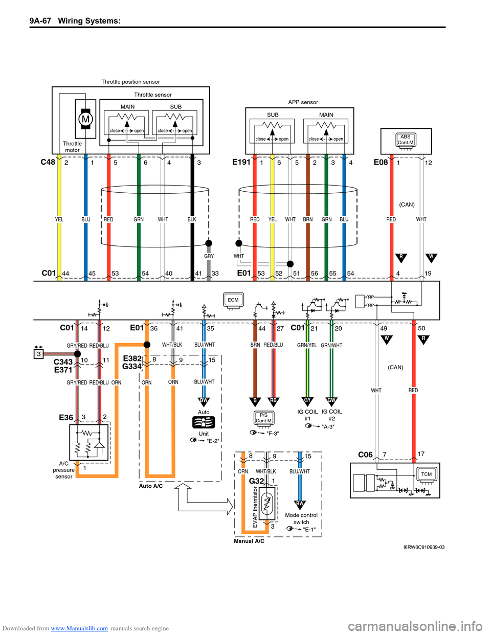 SUZUKI SX4 2006 1.G Service Workshop Manual Downloaded from www.Manualslib.com manuals search engine 9A-67 Wiring Systems: 
TCM
WHTRED
717C06
4944C0114E013641351227C01212050
ECM
WHT
ABS
Cont.M
APP sensor Throttle position sensor
Throttle sensor