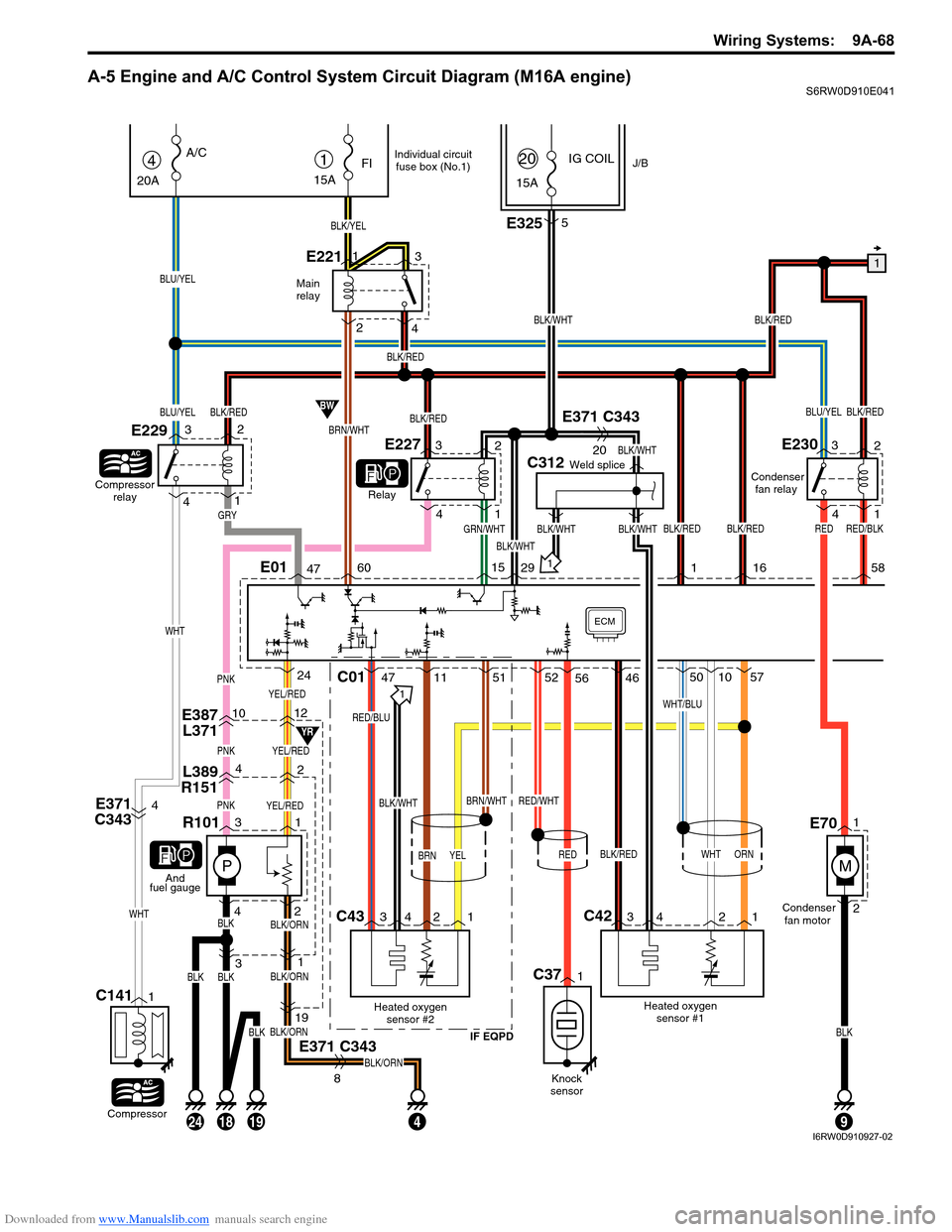 SUZUKI SX4 2006 1.G Service Workshop Manual Downloaded from www.Manualslib.com manuals search engine Wiring Systems:  9A-68
A-5 Engine and A/C Control System Circuit Diagram (M16A engine)S6RW0D910E041
YEL/RED
E387
L3711012
L389
R15142
PNKYEL/RE
