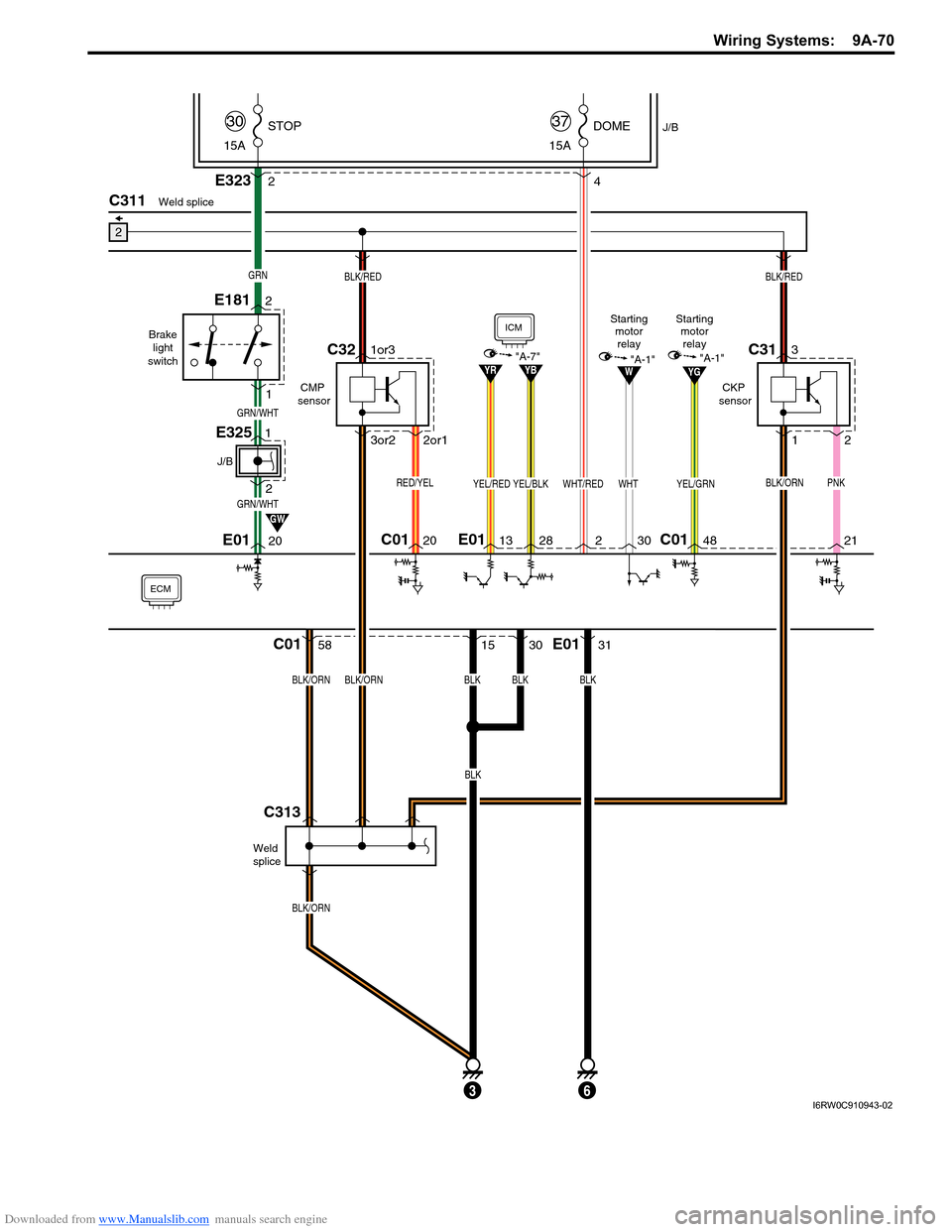 SUZUKI SX4 2006 1.G Service Workshop Manual Downloaded from www.Manualslib.com manuals search engine Wiring Systems:  9A-70
Weld spliceC311
GW
J/B
2
15ASTOP
30
15ADOME
37
E0120
GRN/WHT
GRN/WHT
GRN
E3234
E181
Brake
light
switch
1 2
ECM
2
CMP 
se