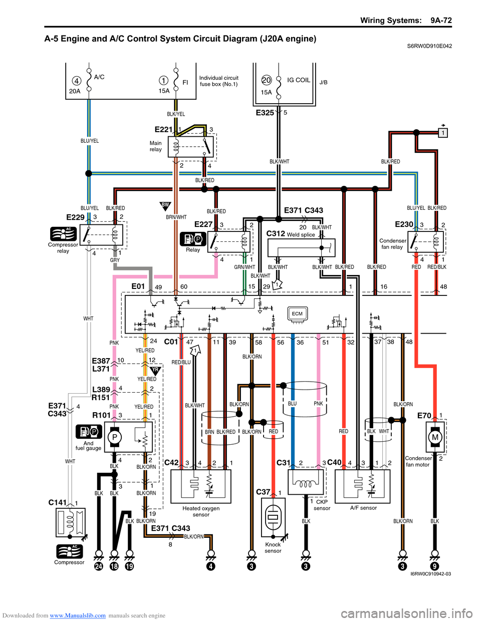 SUZUKI SX4 2006 1.G Service Workshop Manual Downloaded from www.Manualslib.com manuals search engine Wiring Systems:  9A-72
A-5 Engine and A/C Control System Circuit Diagram (J20A engine)S6RW0D910E042
YEL/RED
E387
L3711012
L389
R15142
PNKYEL/RE