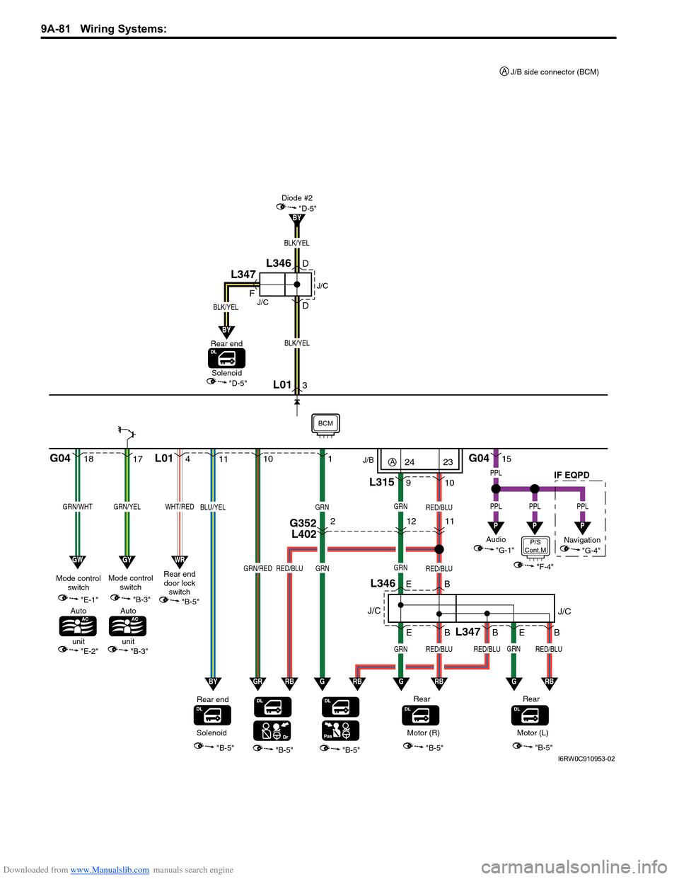SUZUKI SX4 2006 1.G Service Workshop Manual Downloaded from www.Manualslib.com manuals search engine 9A-81 Wiring Systems: 
1817
GRN/WHTGRN/YEL
"E-1"
"E-2"
Mode control
switch
Auto
unit
G04 L01
"B-5""B-5""B-5""B-5"
11
9
L346
10
B E E
Rear
GRN
G