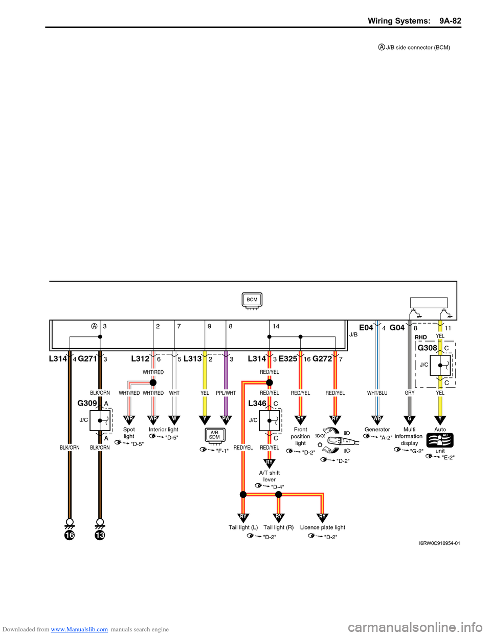 SUZUKI SX4 2006 1.G Service Workshop Manual Downloaded from www.Manualslib.com manuals search engine Wiring Systems:  9A-82
3
A
AG2716L312
13
J/C
G309
BLK/ORNBLK/ORN
4L314
16
BLK/ORN
C
C
J/C
G308
C
C
J/C
L346
YEL
"A-2" GeneratorRHD"D-5" Spot
li