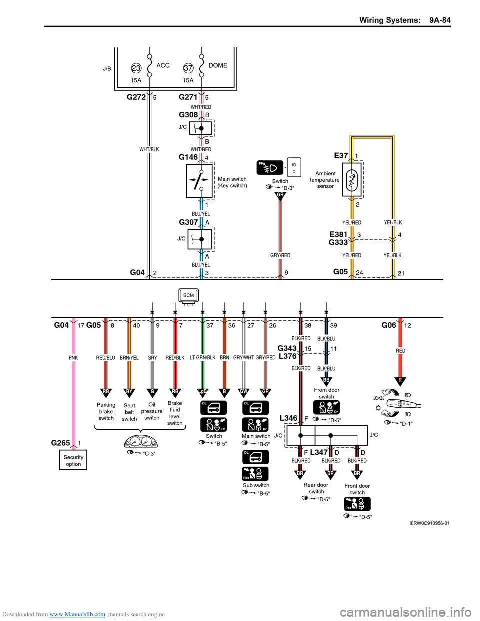 SUZUKI SX4 2006 1.G Service Workshop Manual Downloaded from www.Manualslib.com manuals search engine Wiring Systems:  9A-84
38 39
"D-5""D-1"
BLK/BLU
3 AA BBG042
BLU/YEL
BLU/YEL
J/C
G307
1G265
J/C
G308
G146
1 4
Main switch
(Key switch)
DOME
G271