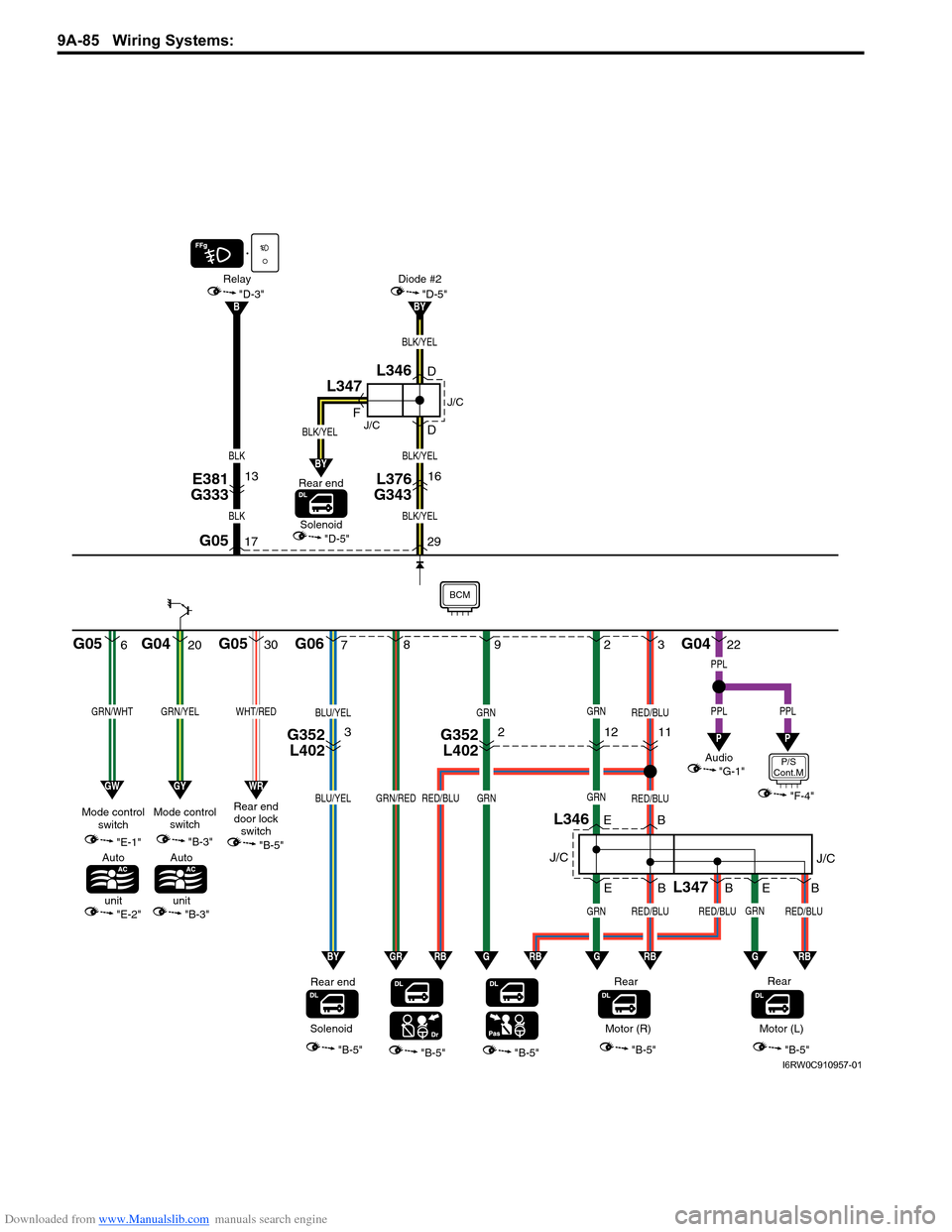 SUZUKI SX4 2006 1.G Service Workshop Manual Downloaded from www.Manualslib.com manuals search engine 9A-85 Wiring Systems: 
620
GRN/WHTGRN/YEL
"E-1"
"E-2"
Mode control
switch
Auto
unit
G05 G04 G05 G06
"B-5""B-5""B-5""B-5"
72
L346
3
B E E
Rear
G