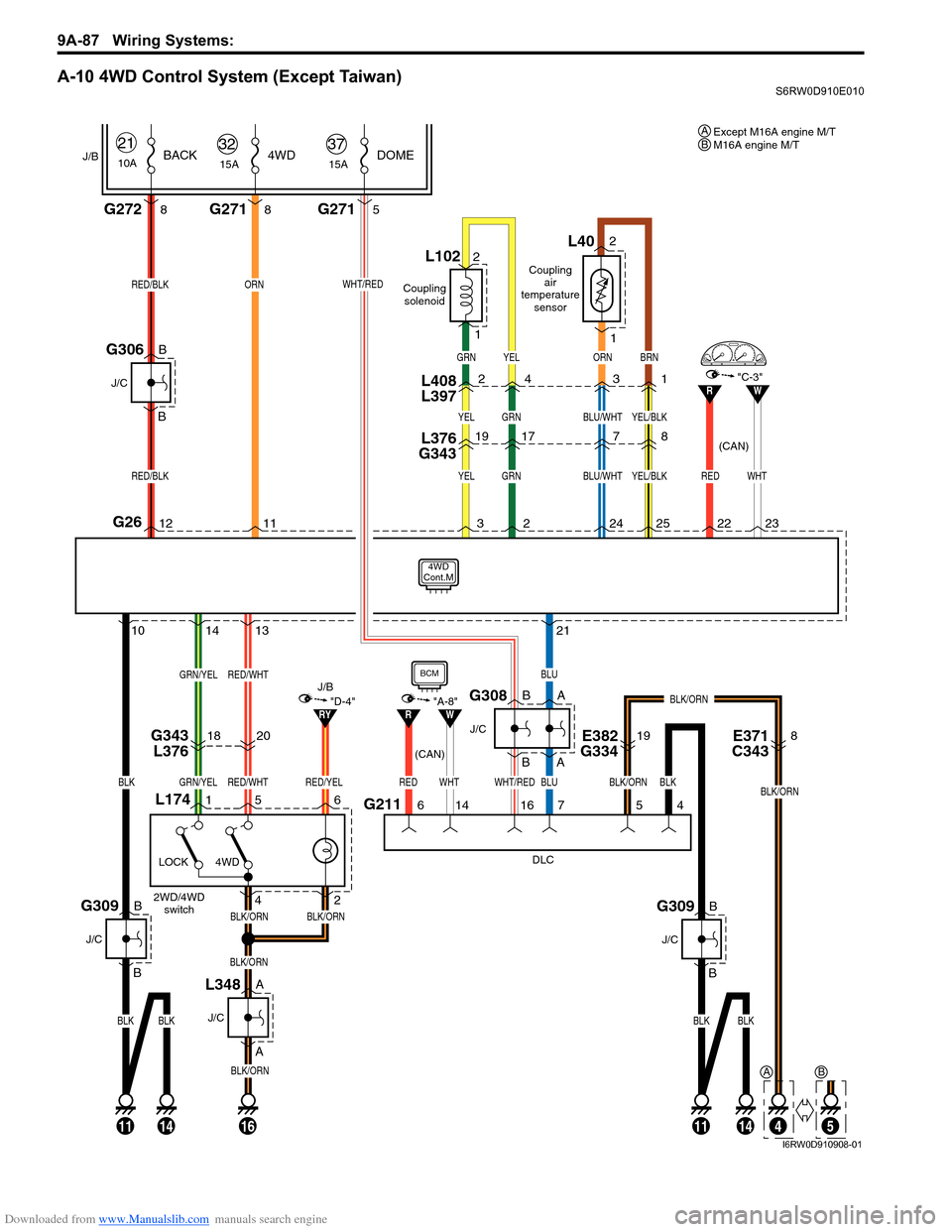 SUZUKI SX4 2006 1.G Service Workshop Manual Downloaded from www.Manualslib.com manuals search engine 9A-87 Wiring Systems: 
A-10 4WD Control System (Except Taiwan)S6RW0D910E010
4WD
Cont.M
G26123211
2WD/4WD
switch
DLC
G211614L174156
42
10
7
5416