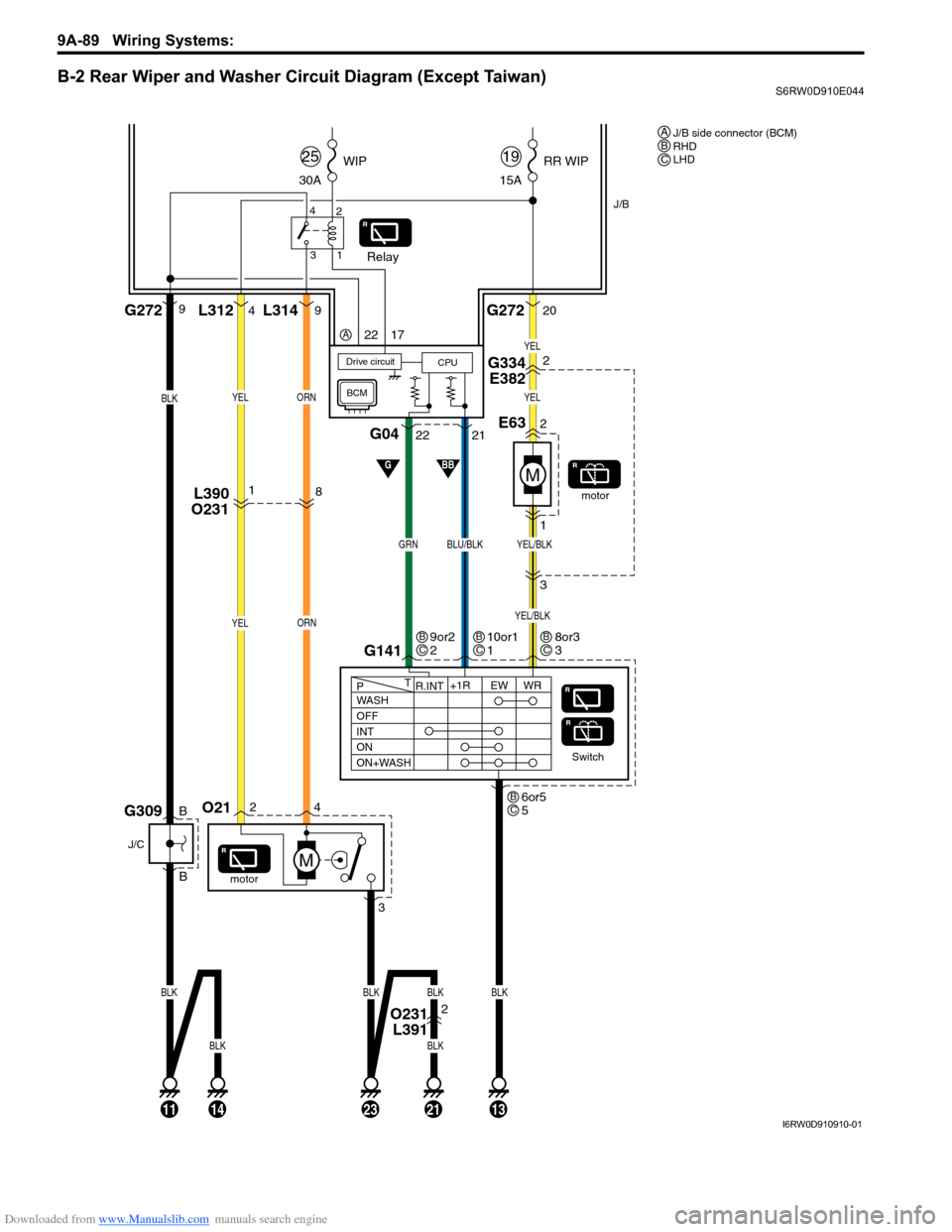 SUZUKI SX4 2006 1.G Service Workshop Manual Downloaded from www.Manualslib.com manuals search engine 9A-89 Wiring Systems: 
B-2 Rear Wiper and Washer Circuit Diagram (Except Taiwan)S6RW0D910E044
J/B
O214
2
3
BLKBLK
BLKBLKBLK
L312 L3144G2729
B
G