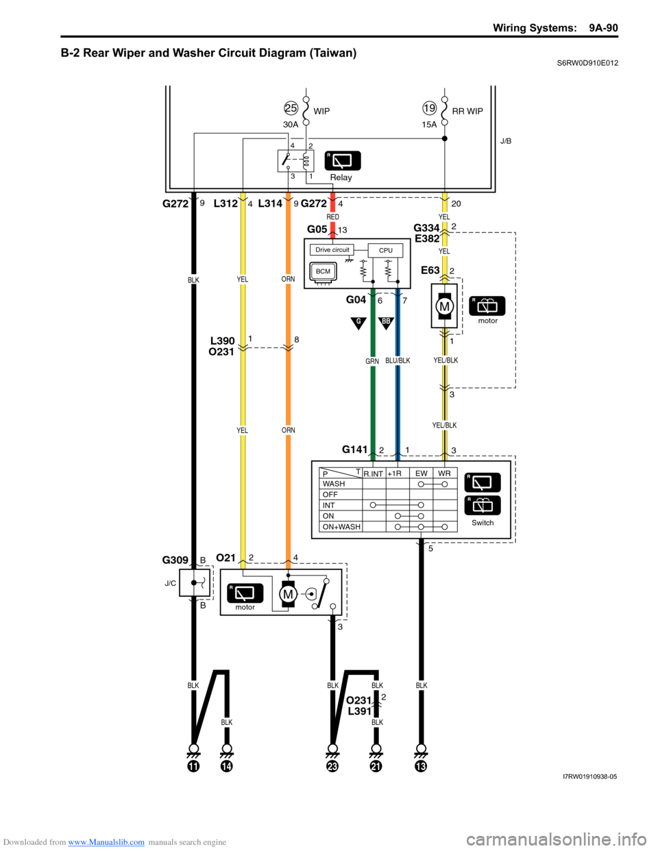 SUZUKI SX4 2006 1.G Service Workshop Manual Downloaded from www.Manualslib.com manuals search engine Wiring Systems:  9A-90
B-2 Rear Wiper and Washer Circuit Diagram (Taiwan)S6RW0D910E012
J/B
O214
2
3
BLKBLK
BLKBLKBLK
L312 L3144G2729
B
G141
9G2