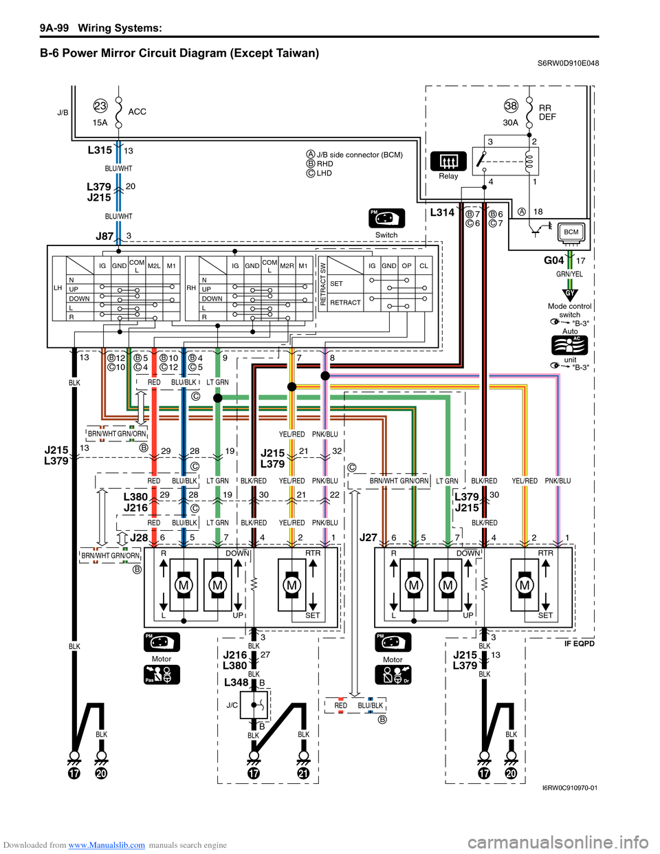 SUZUKI SX4 2006 1.G Service Workshop Manual Downloaded from www.Manualslib.com manuals search engine 9A-99 Wiring Systems:
B-6 Power Mirror Circuit Diagram (Except Taiwan)S6RW0D910E048
13
13
5
9
R
L
3 20
77
J87 L315
L379
J215
6J27
J28
13J215
SUZUKI SX4 2006 1.G Service Workshop Manual Downloaded from www.Manualslib.com manuals search engine 9A-99 Wiring Systems:
B-6 Power Mirror Circuit Diagram (Except Taiwan)S6RW0D910E048
13
13
5
9
R
L
3 20
77
J87 L315
L379
J215
6J27
J28
13J215
