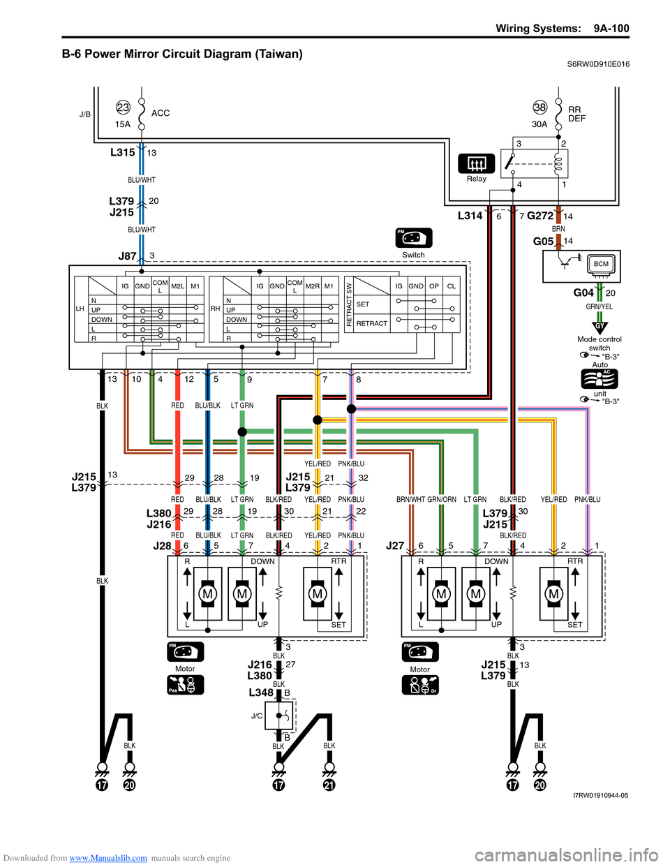 SUZUKI SX4 2006 1.G Service Workshop Manual Downloaded from www.Manualslib.com manuals search engine Wiring Systems:  9A-100
B-6 Power Mirror Circuit Diagram (Taiwan)S6RW0D910E016
13 10 4 12 5
13
5
9
R
L
3 20
77
J87 L315
L379
J215
6J27
J28
13J2