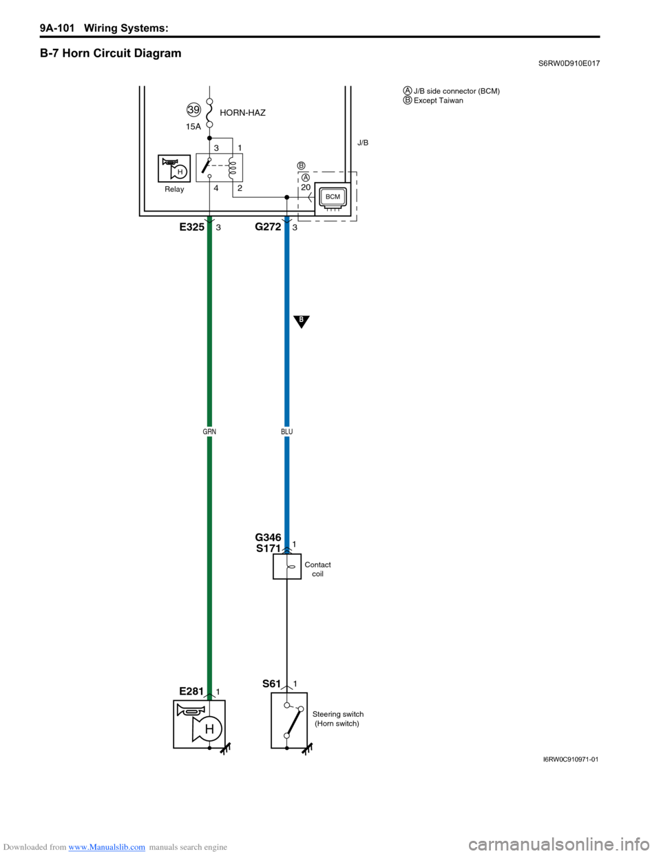 SUZUKI SX4 2006 1.G Service Workshop Manual Downloaded from www.Manualslib.com manuals search engine 9A-101 Wiring Systems: 
B-7 Horn Circuit DiagramS6RW0D910E017
33
J/B
15AHORN-HAZ
39
GRNBLU
11
Steering switch
(Horn switch)  Contact
coil
H
431