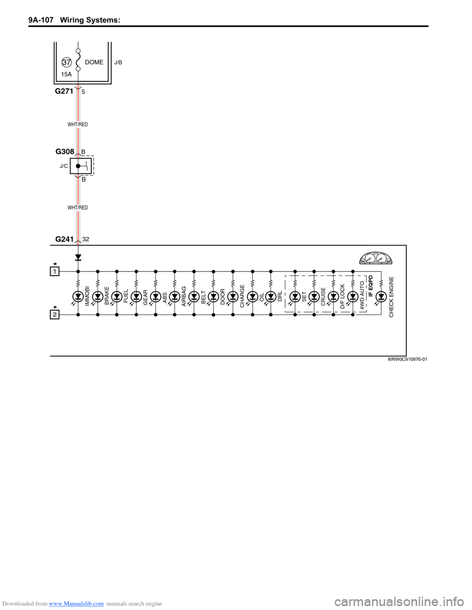 SUZUKI SX4 2006 1.G Service Workshop Manual Downloaded from www.Manualslib.com manuals search engine 9A-107 Wiring Systems: 
GEAR
ABS
BELT
DOOR
CHARGE
CHECK ENGINEAIRBAG
OILDRLD/F LOCK4WD AUTO
SETCRUISEIMMOBI
BRAKE
FUEL
DOME
15A37
32 5
WHT/RED
