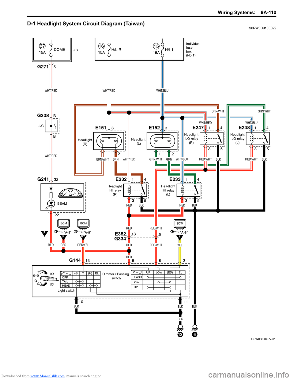 SUZUKI SX4 2006 1.G Service Workshop Manual Downloaded from www.Manualslib.com manuals search engine Wiring Systems:  9A-110
D-1 Headlight System Circuit Diagram (Taiwan)S6RW0D910E022
2
Headlight 
 (L) Headlight  
(R) 
Headlight  
HI relay
(L) 