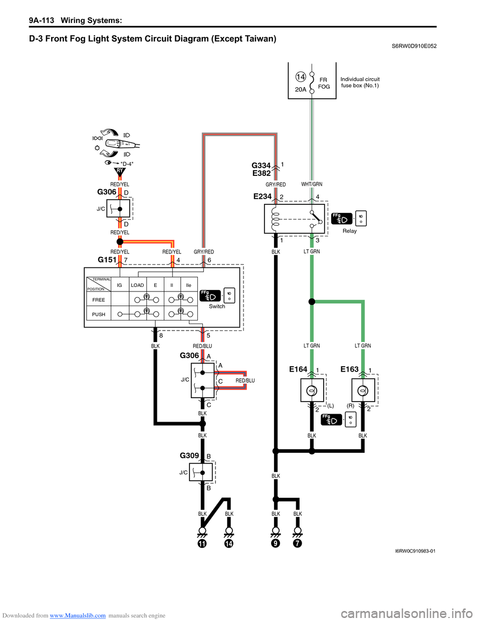 SUZUKI SX4 2006 1.G Service Workshop Manual Downloaded from www.Manualslib.com manuals search engine 9A-113 Wiring Systems: 
D-3 Front Fog Light System Circuit Diagram (Except Taiwan)S6RW0D910E052
FR
 FOG 
(R) (L)
2
E1641
2
E1631
20A
14
Relay
S