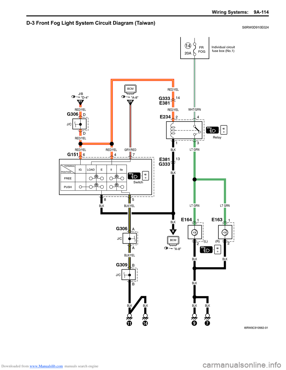SUZUKI SX4 2006 1.G Service Workshop Manual Downloaded from www.Manualslib.com manuals search engine Wiring Systems:  9A-114
D-3 Front Fog Light System Circuit Diagram (Taiwan)S6RW0D910E024
FR
 FOG 
(R) (L)
2
E1641
2
E1631
20A
14
Relay
Switch
3