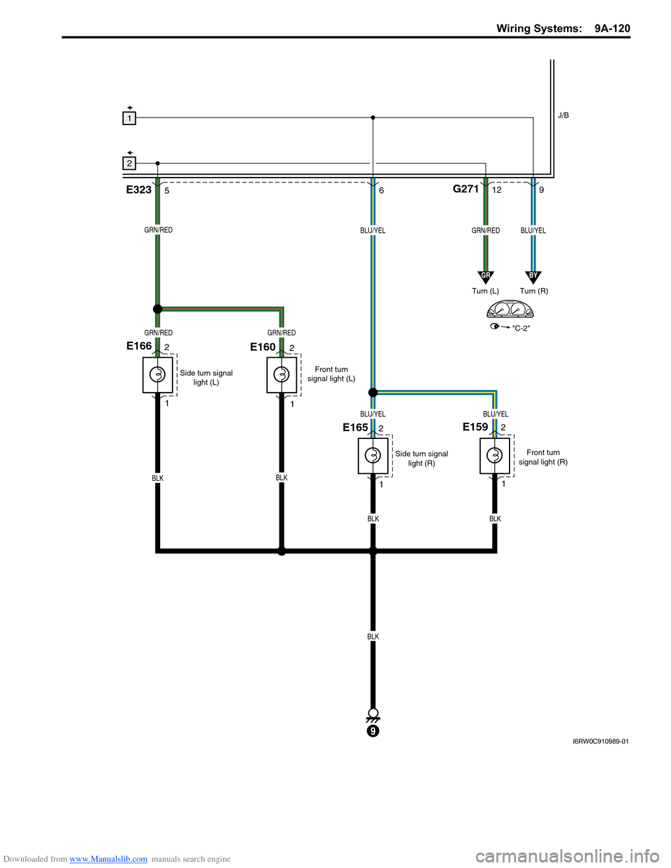 SUZUKI SX4 2006 1.G Service Workshop Manual Downloaded from www.Manualslib.com manuals search engine Wiring Systems:  9A-120
9
GRN/RED
GRN/REDGRN/RED
9
Turn (L) Turn (R)
E165
12G2716
BLU/YEL
BLU/YELBLU/YEL
GRN/REDBLU/YEL
"C-2"
GRBY
Front turn
s
