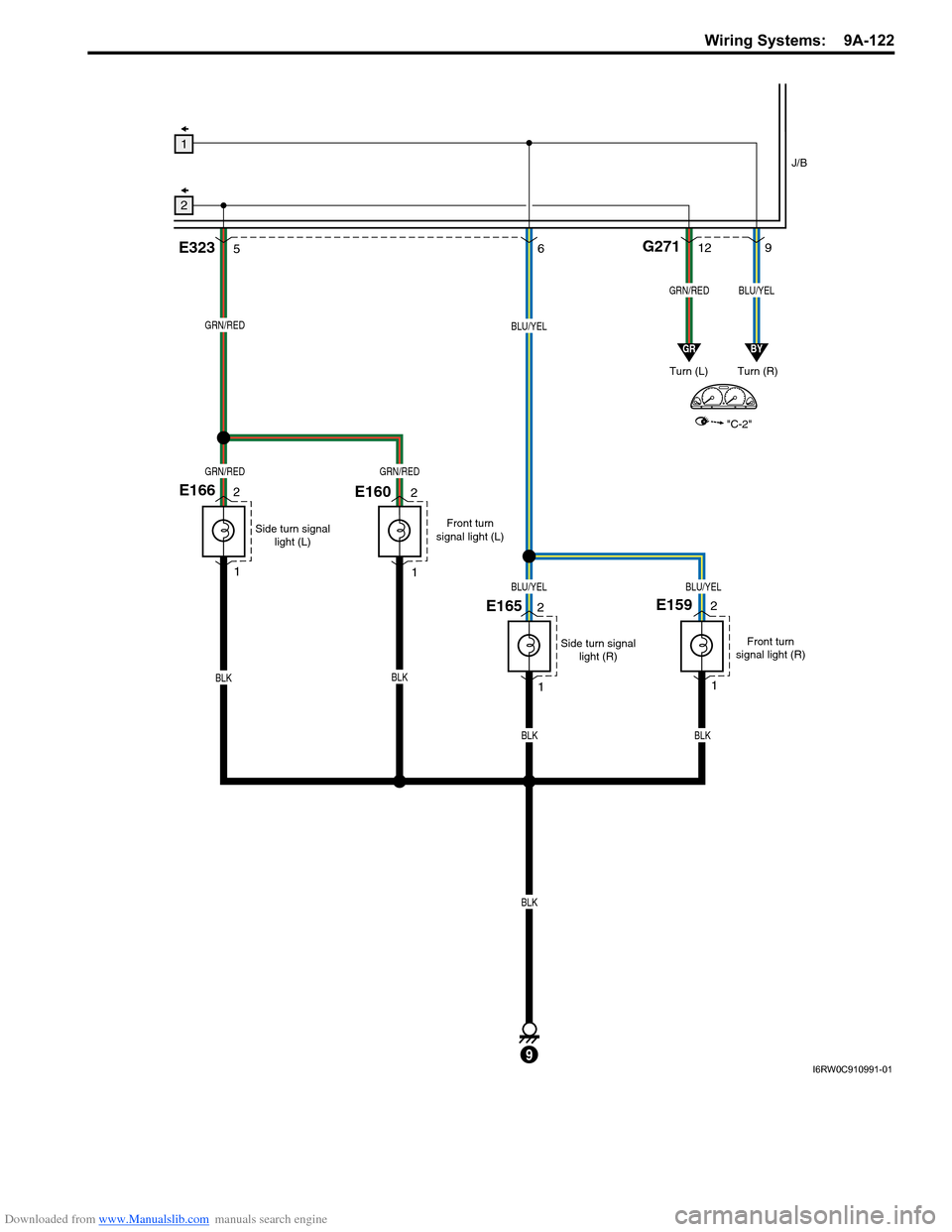 SUZUKI SX4 2006 1.G Service Workshop Manual Downloaded from www.Manualslib.com manuals search engine Wiring Systems:  9A-122
9
GRN/RED
GRN/REDGRN/RED
9
Turn (L) Turn (R)
E165
12G2716
BLU/YEL
BLU/YELBLU/YEL
GRN/REDBLU/YEL
"C-2"
GRBY
Front turn
s