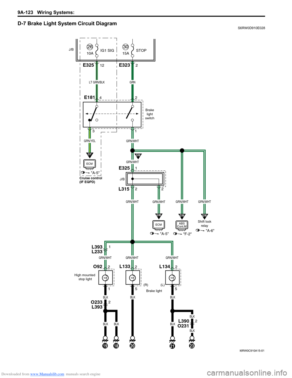 SUZUKI SX4 2006 1.G Service Workshop Manual Downloaded from www.Manualslib.com manuals search engine 9A-123 Wiring Systems: 
D-7 Brake Light System Circuit DiagramS6RW0D910E028
Brake
light
switch
Shift lock
relay
 (R)
Brake light
GRNLT GRN/BLK
