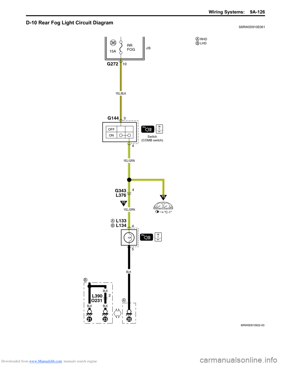 SUZUKI SX4 2006 1.G Service Workshop Manual Downloaded from www.Manualslib.com manuals search engine Wiring Systems:  9A-126
D-10 Rear Fog Light Circuit DiagramS6RW0D910E061
202123
BLKBLK
BLK
L390 
O2312
15ARR 
FOG
BLK
YEL/GRN
YEL/GRN
YEL/BLK
O