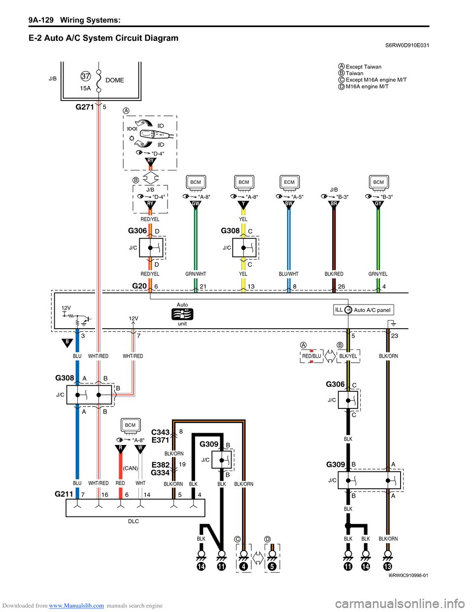 SUZUKI SX4 2006 1.G Service Workshop Manual Downloaded from www.Manualslib.com manuals search engine 9A-129 Wiring Systems: 
E-2 Auto A/C System Circuit DiagramS6RW0D910E031
Except Taiwan
Taiwan
Except M16A engine M/T
M16A engine M/T ABCD
G20
5