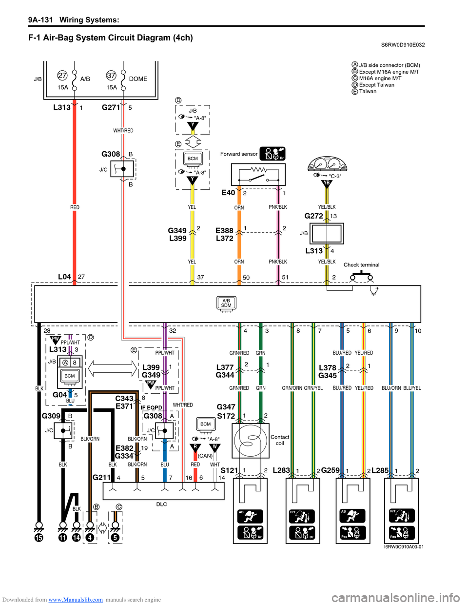 SUZUKI SX4 2006 1.G Service Workshop Manual Downloaded from www.Manualslib.com manuals search engine 9A-131 Wiring Systems: 
F-1 Air-Bag System Circuit Diagram (4ch)S6RW0D910E032
2
ORN
Y
A/B
SDM
L04
J/B
15AA/B
27
RED
L313
BCM
15
BLK
1
15ADOME
3