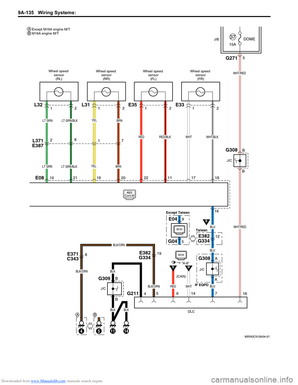 SUZUKI SX4 2006 1.G Service Workshop Manual Downloaded from www.Manualslib.com manuals search engine 9A-135 Wiring Systems: 
A
YEL
ABS
Cont.M
L32
LT GRN/BLKLT GRN
LT GRN/BLKLT GRN
L371 
E38728
Wheel speed 
sensor
(RL)
BRN
YELBRN
7
1
L31
Wheel s