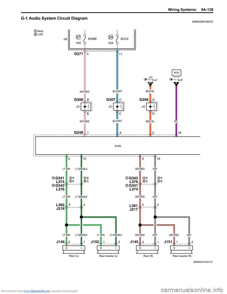 SUZUKI SX4 2006 1.G Service Workshop Manual Downloaded from www.Manualslib.com manuals search engine Wiring Systems:  9A-138
G-1 Audio System Circuit DiagramS6RW0D910E037
G2715
5
4
11
2
12
1 5
156
16
"D-4"RY
WHT/RED
WHT/RED
G2481
G307
J/B
15ADO
