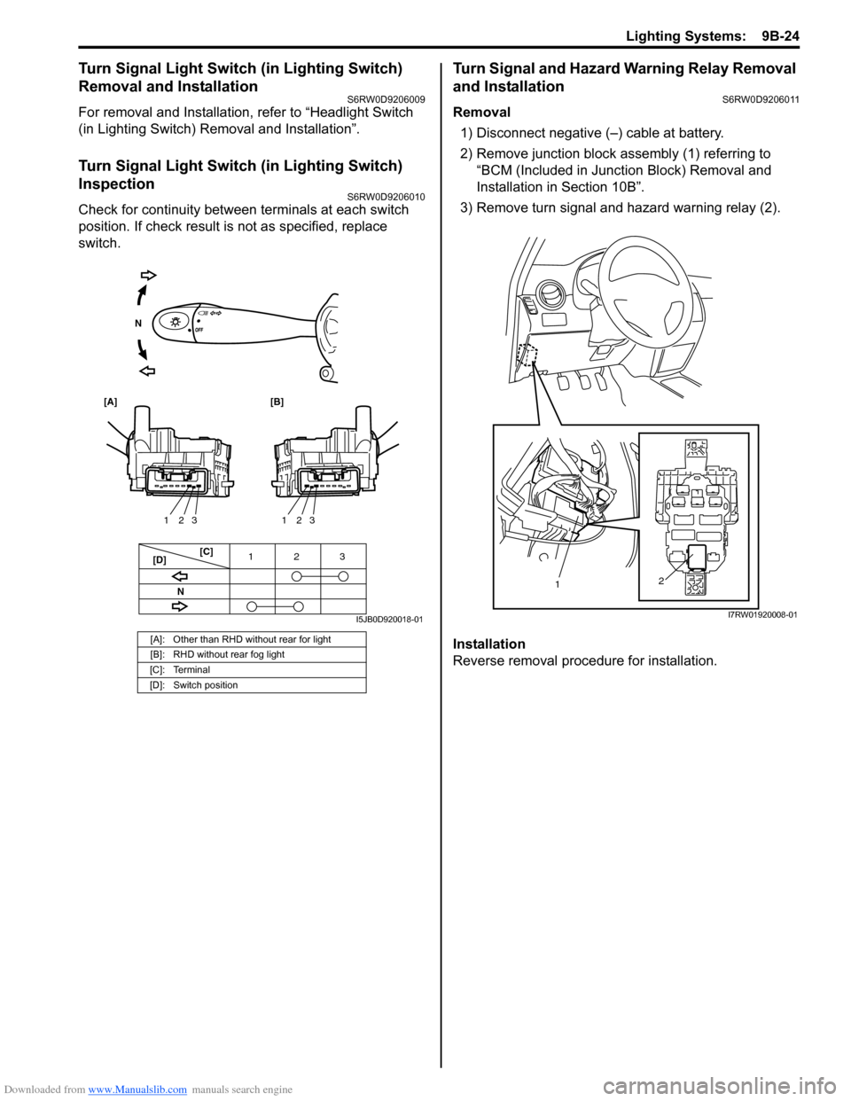 SUZUKI SX4 2006 1.G Service Workshop Manual Downloaded from www.Manualslib.com manuals search engine Lighting Systems:  9B-24
Turn Signal Light Switch (in Lighting Switch) 
Removal and Installation
S6RW0D9206009
For removal and Installation, re