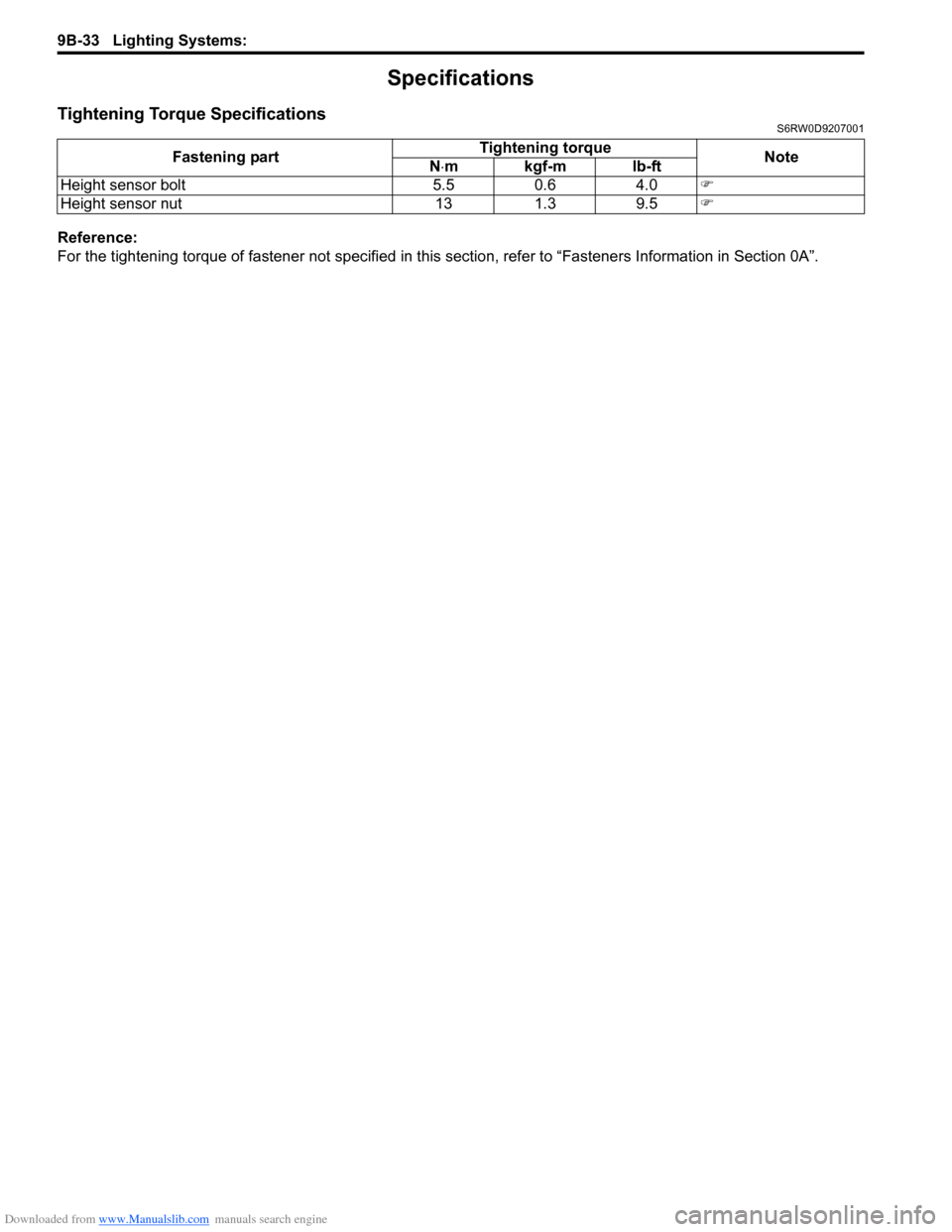 SUZUKI SX4 2006 1.G Service Workshop Manual Downloaded from www.Manualslib.com manuals search engine 9B-33 Lighting Systems: 
Specifications
Tightening Torque SpecificationsS6RW0D9207001
Reference:
For the tightening torque of fastener not spec