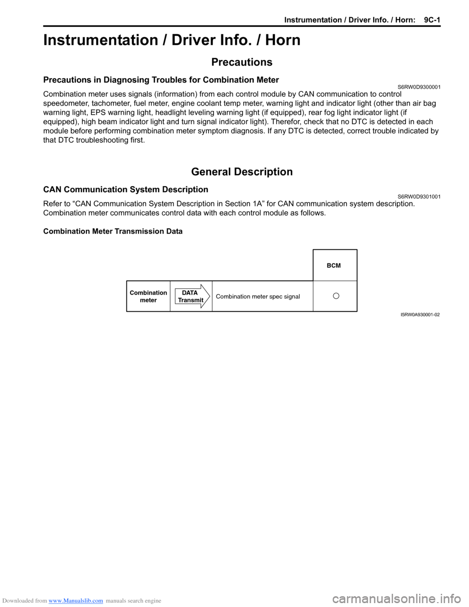 SUZUKI SX4 2006 1.G Service Workshop Manual Downloaded from www.Manualslib.com manuals search engine Instrumentation / Driver Info. / Horn:  9C-1
Body, Cab and Accessories
Instrumentation / Driver Info. / Horn
Precautions
Precautions in Diagnos