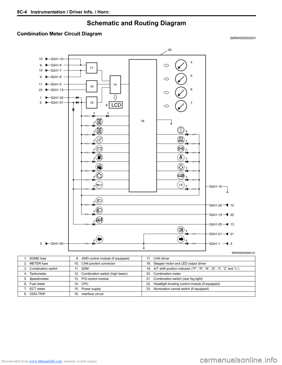 SUZUKI SX4 2006 1.G Service Workshop Manual Downloaded from www.Manualslib.com manuals search engine 9C-4 Instrumentation / Driver Info. / Horn: 
Schematic and Routing Diagram
Combination Meter Circuit DiagramS6RW0D9302001
7
6
5
4G241-99
G241-5