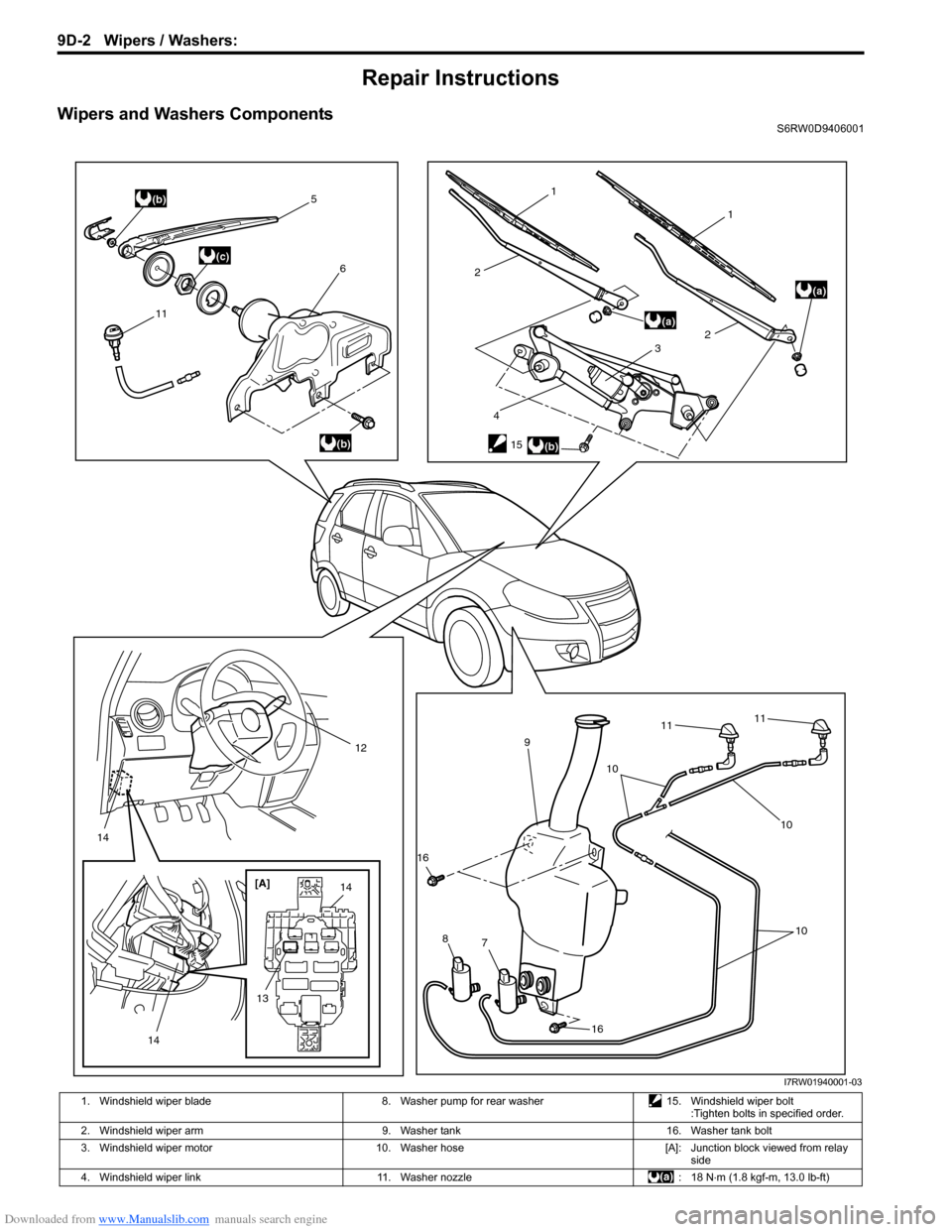 SUZUKI SX4 2006 1.G Service Workshop Manual Downloaded from www.Manualslib.com manuals search engine 9D-2 Wipers / Washers: 
Repair Instructions
Wipers and Washers ComponentsS6RW0D9406001
115
6
(b)
(a) 1 1
(b)
2
1314
14[A]
14
1215
(c)
(b)
(a)
3