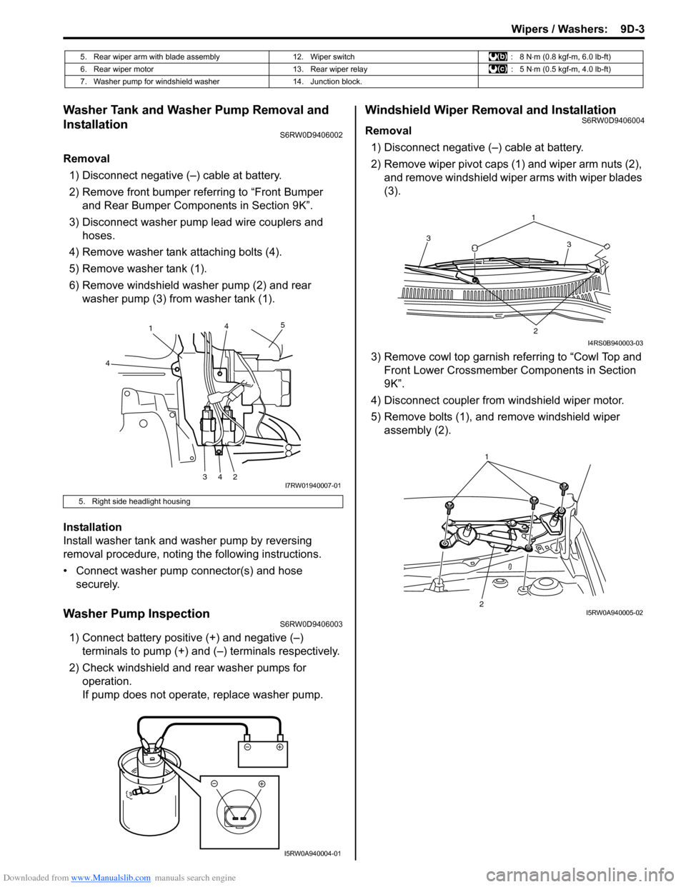 SUZUKI SX4 2006 1.G Service Workshop Manual Downloaded from www.Manualslib.com manuals search engine Wipers / Washers:  9D-3
Washer Tank and Washer Pump Removal and 
Installation
S6RW0D9406002
Removal
1) Disconnect negative (–) cable at batte