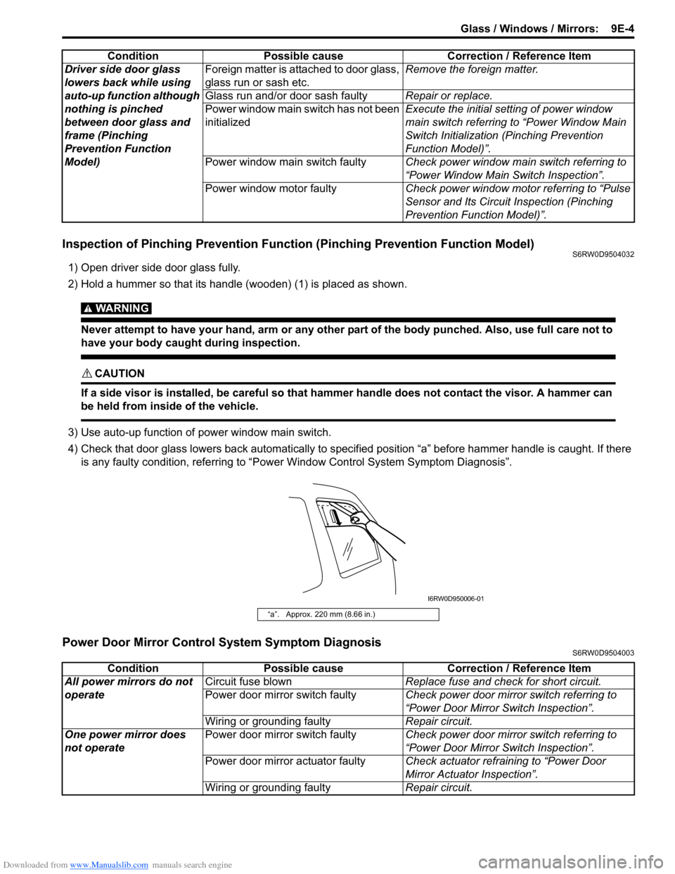 SUZUKI SX4 2006 1.G Service Workshop Manual Downloaded from www.Manualslib.com manuals search engine Glass / Windows / Mirrors:  9E-4
Inspection of Pinching Prevention Function (Pinching Prevention Function Model)S6RW0D9504032
1) Open driver si