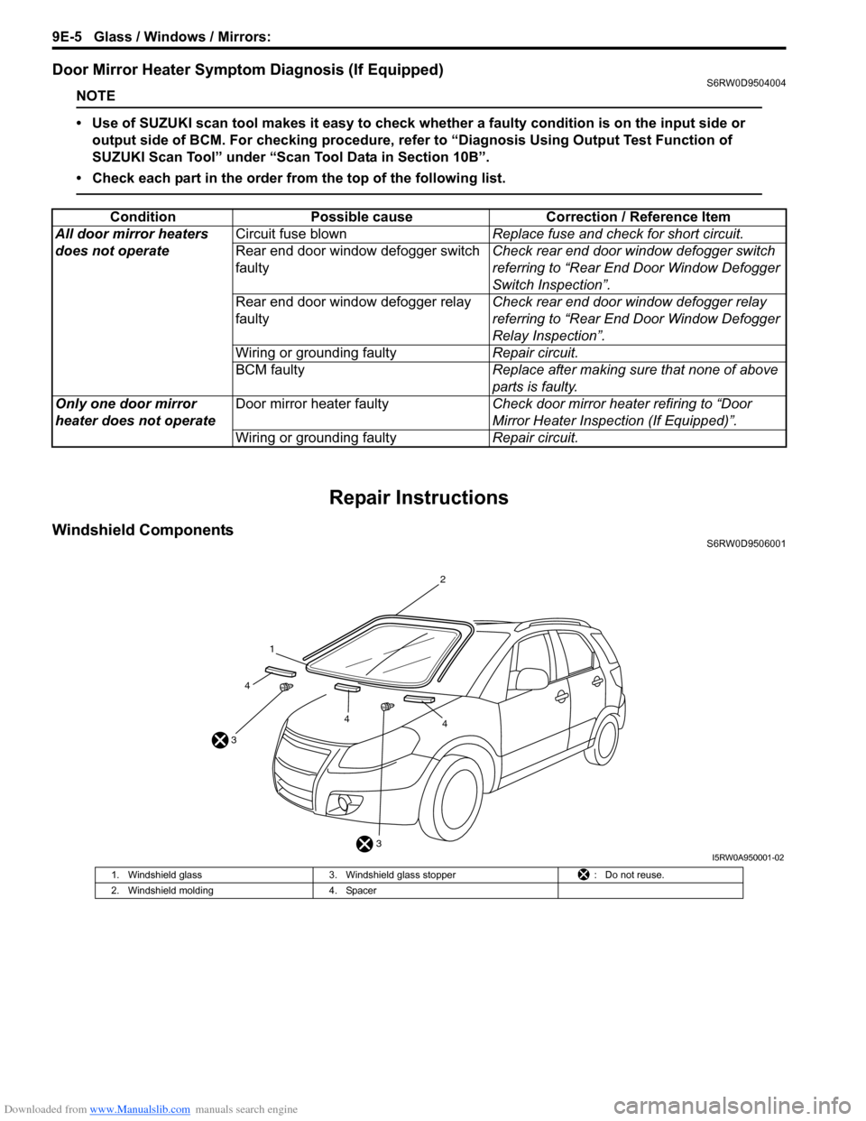 SUZUKI SX4 2006 1.G Service Workshop Manual Downloaded from www.Manualslib.com manuals search engine 9E-5 Glass / Windows / Mirrors: 
Door Mirror Heater Symptom Diagnosis (If Equipped)S6RW0D9504004
NOTE
• Use of SUZUKI scan tool makes it easy
