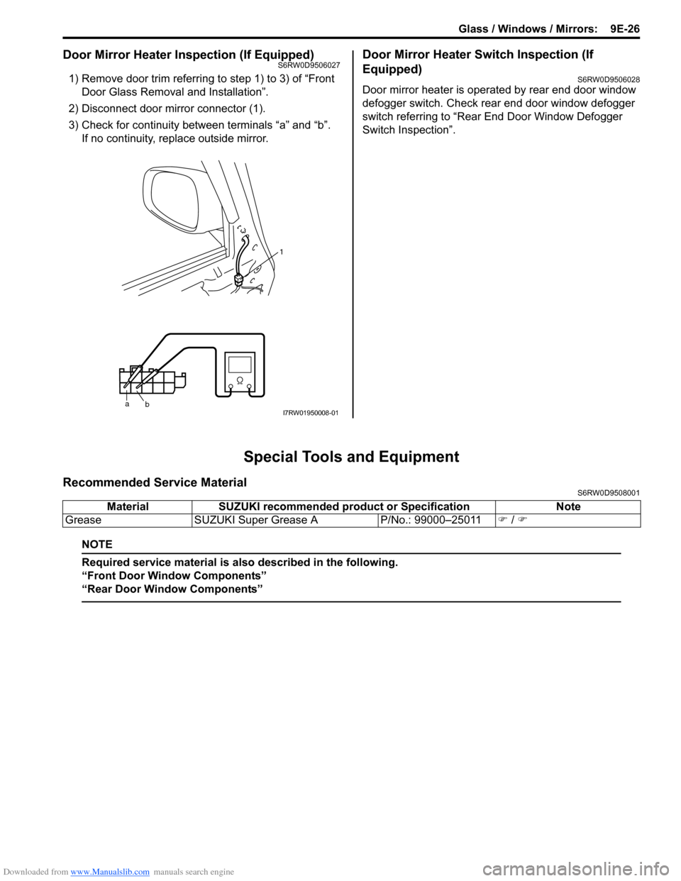 SUZUKI SX4 2006 1.G Service Workshop Manual Downloaded from www.Manualslib.com manuals search engine Glass / Windows / Mirrors:  9E-26
Door Mirror Heater Inspection (If Equipped)S6RW0D9506027
1) Remove door trim referring to step 1) to 3) of 