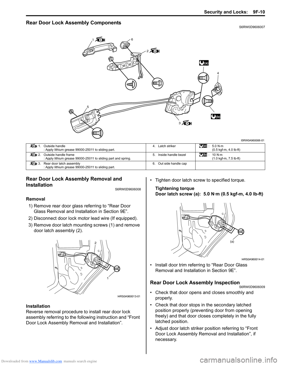 SUZUKI SX4 2006 1.G Service Workshop Manual Downloaded from www.Manualslib.com manuals search engine Security and Locks: 9F-10
Rear Door Lock Assembly ComponentsS6RW0D9606007
Rear Door Lock Assembly Removal and
Installation
S6RW0D9606008
Remo SUZUKI SX4 2006 1.G Service Workshop Manual Downloaded from www.Manualslib.com manuals search engine Security and Locks: 9F-10
Rear Door Lock Assembly ComponentsS6RW0D9606007
Rear Door Lock Assembly Removal and
Installation
S6RW0D9606008
Remo