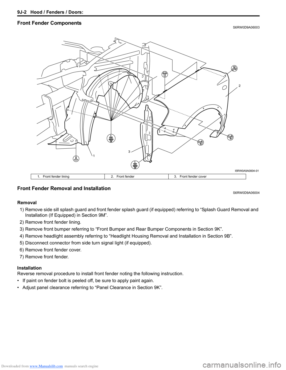 SUZUKI SX4 2006 1.G Service Workshop Manual Downloaded from www.Manualslib.com manuals search engine 9J-2 Hood / Fenders / Doors: 
Front Fender ComponentsS6RW0D9A06003
Front Fender Removal and InstallationS6RW0D9A06004
Removal
1) Remove side si