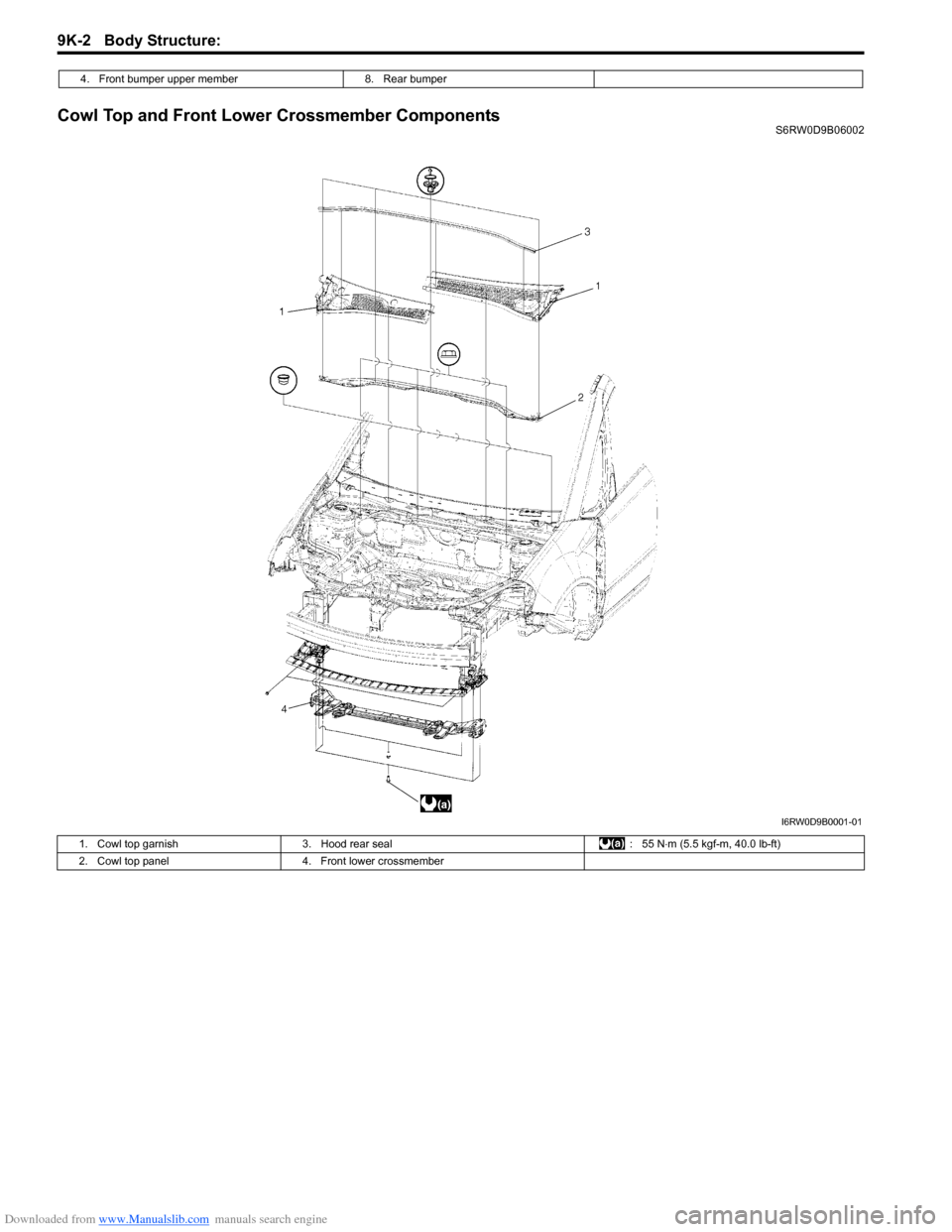 SUZUKI SX4 2006 1.G Service Workshop Manual Downloaded from www.Manualslib.com manuals search engine 9K-2 Body Structure: 
Cowl Top and Front Lower Crossmember ComponentsS6RW0D9B06002 4. Front bumper upper member 8. Rear bumper
I6RW0D9B0001-01
