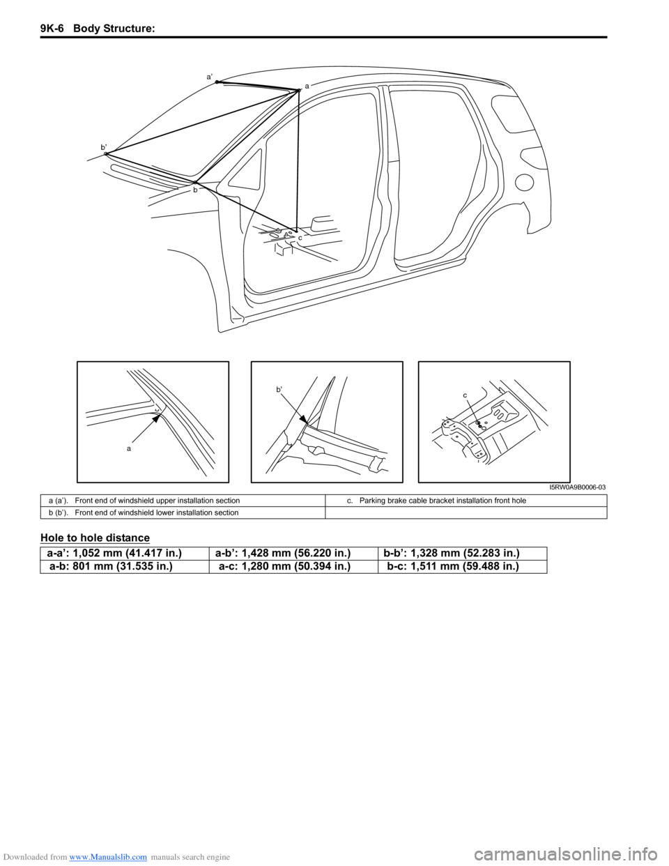 SUZUKI SX4 2006 1.G Service Workshop Manual Downloaded from www.Manualslib.com manuals search engine 9K-6 Body Structure: 
Hole to hole distance
c
a
a’a
b b’
c
b’
I5RW0A9B0006-03
a (a’). Front end of windshield upper installation sectio