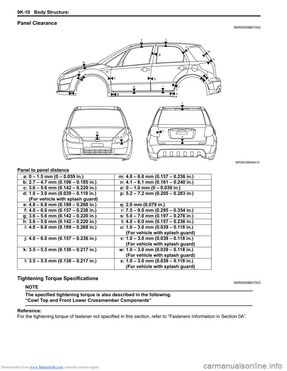 SUZUKI SX4 2006 1.G Service Workshop Manual Downloaded from www.Manualslib.com manuals search engine 9K-10 Body Structure:
Panel ClearanceS6RW0D9B07002
Panel to panel distance
Tightening Torque SpecificationsS6RW0D9B07003
NOTE
The specified ti SUZUKI SX4 2006 1.G Service Workshop Manual Downloaded from www.Manualslib.com manuals search engine 9K-10 Body Structure:
Panel ClearanceS6RW0D9B07002
Panel to panel distance
Tightening Torque SpecificationsS6RW0D9B07003
NOTE
The specified ti