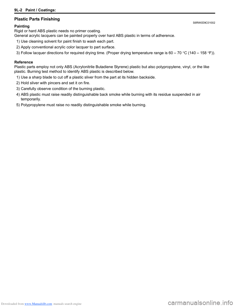 SUZUKI SX4 2006 1.G Service Workshop Manual Downloaded from www.Manualslib.com manuals search engine 9L-2 Paint / Coatings: 
Plastic Parts FinishingS6RW0D9C01002
Painting
Rigid or hard ABS plastic needs no primer coating.
General acrylic lacque