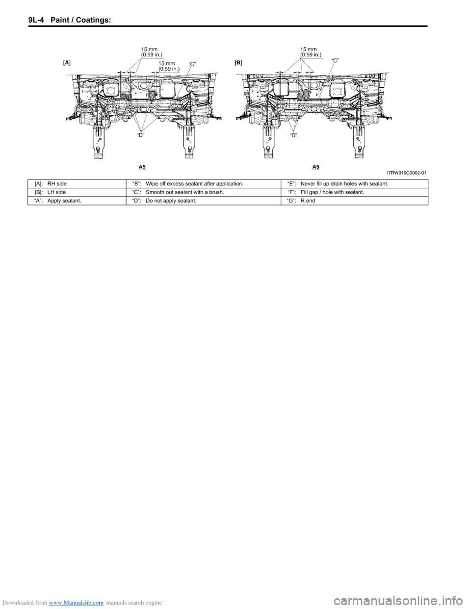 SUZUKI SX4 2006 1.G Service Workshop Manual Downloaded from www.Manualslib.com manuals search engine 9L-4 Paint / Coatings: 
I7RW019C0002-01
[A]: RH side “B”: Wipe off excess sealant after application. “E”: Never fill up drain holes wit