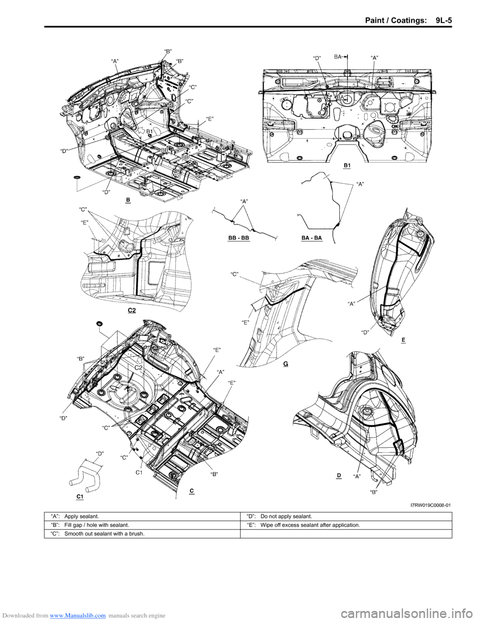 SUZUKI SX4 2006 1.G Service Workshop Manual Downloaded from www.Manualslib.com manuals search engine Paint / Coatings:  9L-5
I7RW019C0008-01
“A”: Apply sealant. “D”: Do not apply sealant.
“B”: Fill gap / hole with sealant. “E”: 