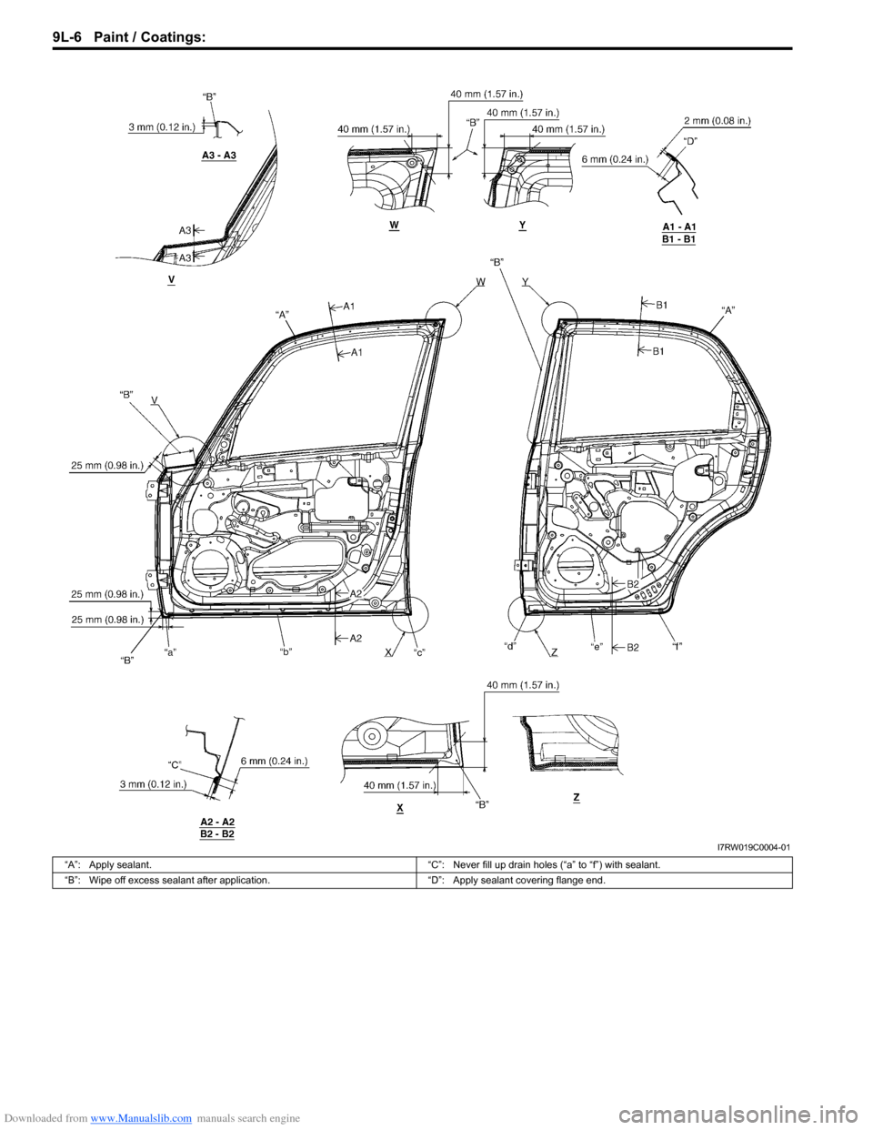 SUZUKI SX4 2006 1.G Service Workshop Manual Downloaded from www.Manualslib.com manuals search engine 9L-6 Paint / Coatings: 
I7RW019C0004-01
“A”: Apply sealant. “C”: Never fill up drain holes (“a” to “f”) with sealant.
“B”: 