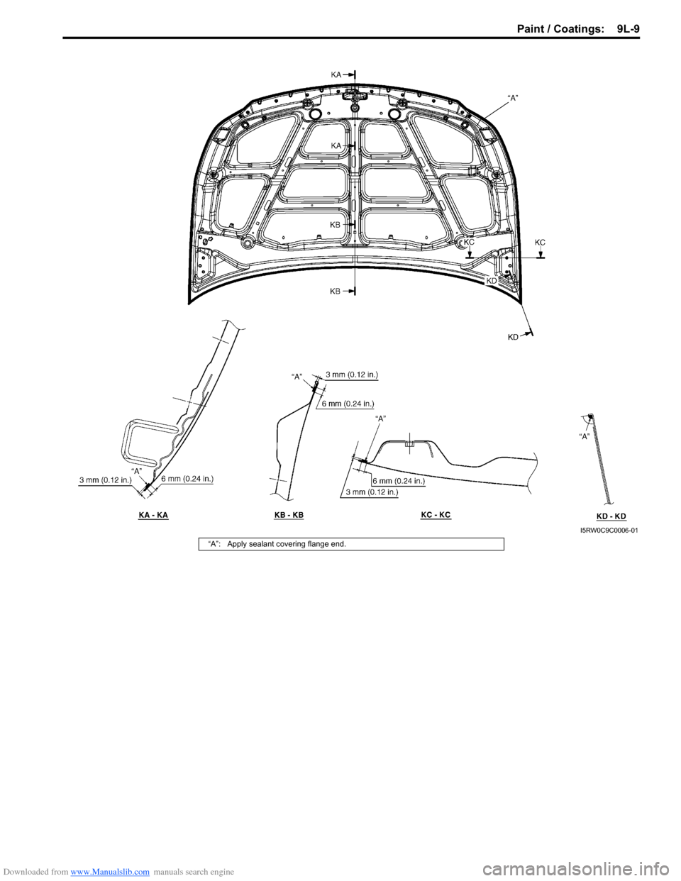 SUZUKI SX4 2006 1.G Service Workshop Manual Downloaded from www.Manualslib.com manuals search engine Paint / Coatings:  9L-9
I5RW0C9C0006-01
“A”: Apply sealant covering flange end.  