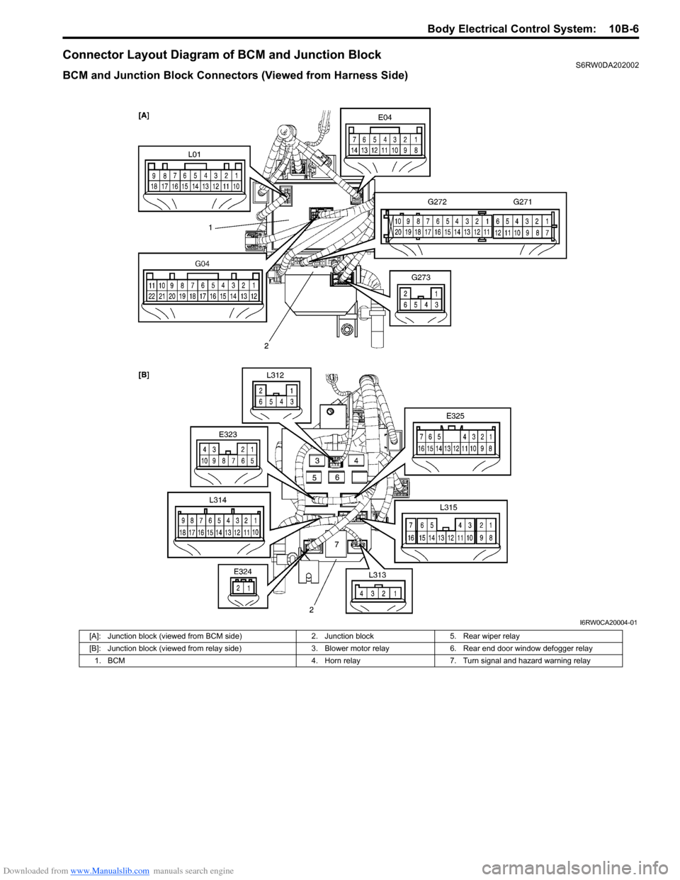 SUZUKI SX4 2006 1.G Service Workshop Manual Downloaded from www.Manualslib.com manuals search engine Body Electrical Control System:  10B-6
Connector Layout Diagram of BCM and Junction BlockS6RW0DA202002
BCM and Junction Block Connectors (Viewe
