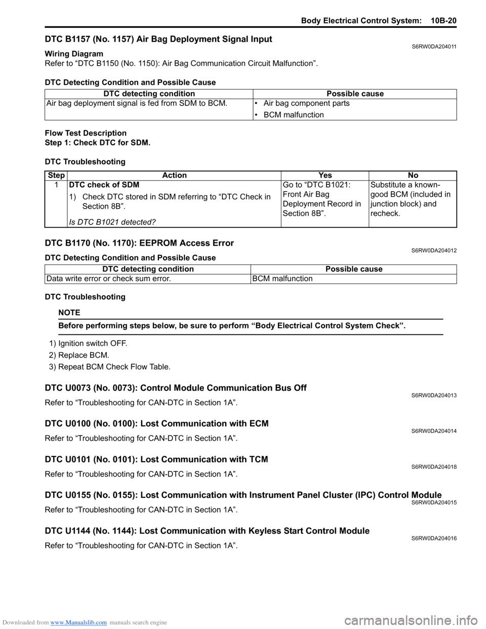 SUZUKI SX4 2006 1.G Service Workshop Manual Downloaded from www.Manualslib.com manuals search engine Body Electrical Control System:  10B-20
DTC B1157 (No. 1157) Air Bag Deployment Signal InputS6RW0DA204011
Wiring Diagram
Refer to “DTC B1150 