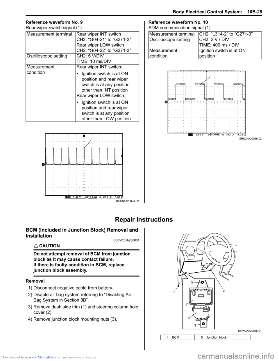 SUZUKI SX4 2006 1.G Service Workshop Manual Downloaded from www.Manualslib.com manuals search engine Body Electrical Control System:  10B-28
Reference waveform No. 9
Rear wiper switch signal (1)Reference waveform No. 10
SDM communication signal